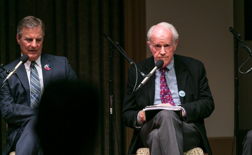 Mike Farrell, right, sits at a panel during a death penalty town hall at the University of San Diego, Sept. 8, 2016.