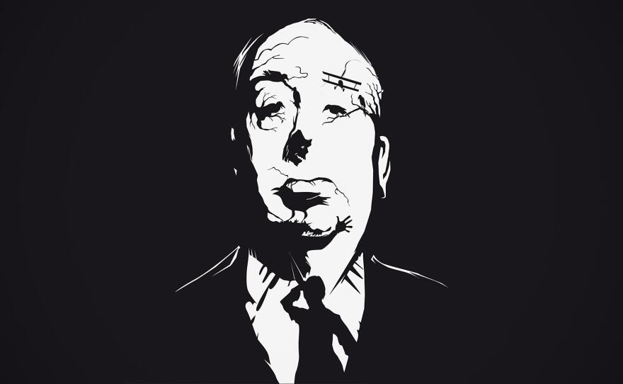 Artistic rendition of Alfred Hitchcock using his film's famous imagery.