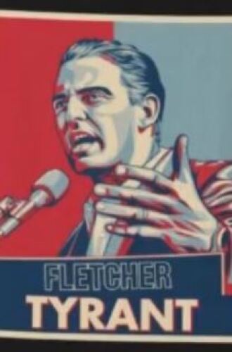 A blue and red, undated Shepard Fairey-style illustration of Nathan Fletcher, chair of the San Diego County Board of Supervisors, with the words “Fletcher Tyrant.”