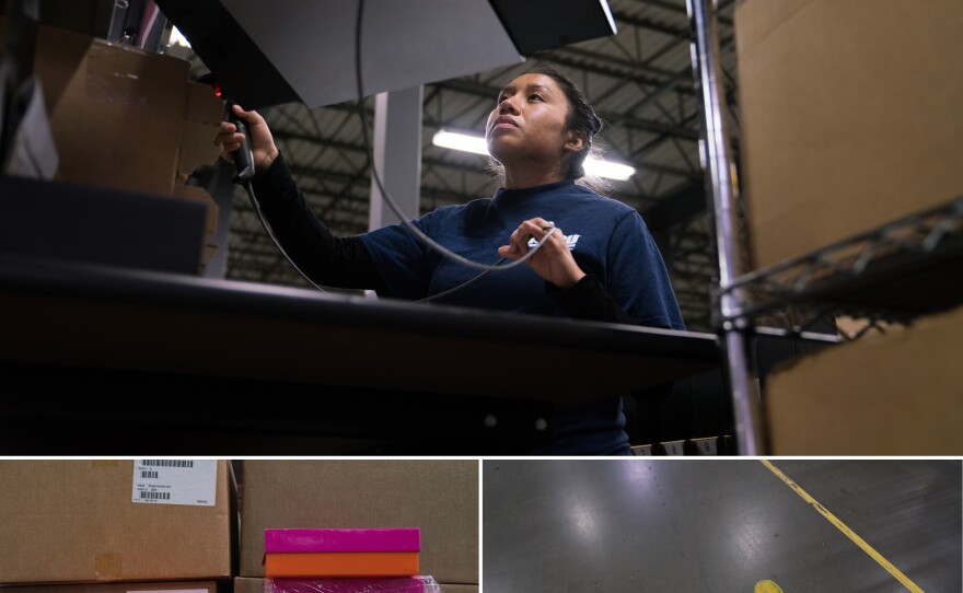 (Top) Bibiana Ramos, 29, works with precision, folding tissue paper inside a special box, placing cosmetics on top and gently affixing the shipping label. (Bottom left) Many different kinds of boxes are used throughout the warehouse, some for bulk items, and other more delicate boxes that are sent to consumers. (Bottom right) Painted footprints help direct employees safely and efficiently.