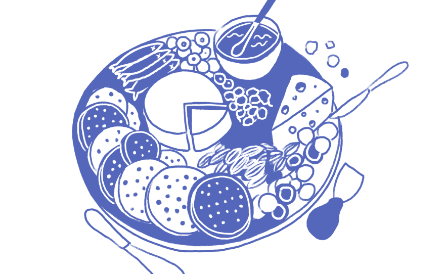 When it comes to constructing a cheese or charcuterie board, there are no rules, says Eby. But if that's overwhelming to you, here are some "gentle principles" to follow: Add something salty, like nuts, olives or aged cheddar; something to scoop with, like pita chips or crackers; something to spread or dip, like soft cheese or hummus; and something sweet, like jam or grapes.