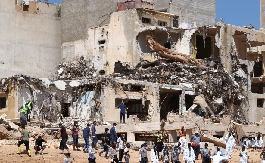Search and rescue personnel work in Derna, Sept. 16.