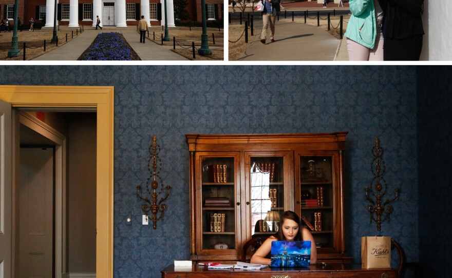 Scenes from campus. (Top left) The Lyceum, the administrative building that was at the center of the riots that erupted when James Meredith arrived on campus in 1962. (Top right) Students Gabrielle Murray and Breanna Lomax chat on campus. (Bottom) Jordan Potts studies in the Lyceum.