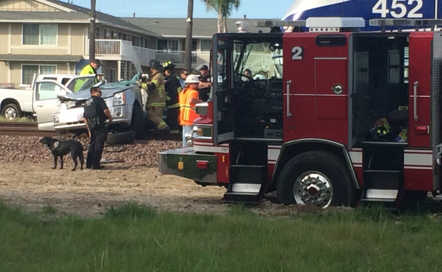 At the scene of a collision between an Amtrak train and a car in Oceanside, March 16, 2015.