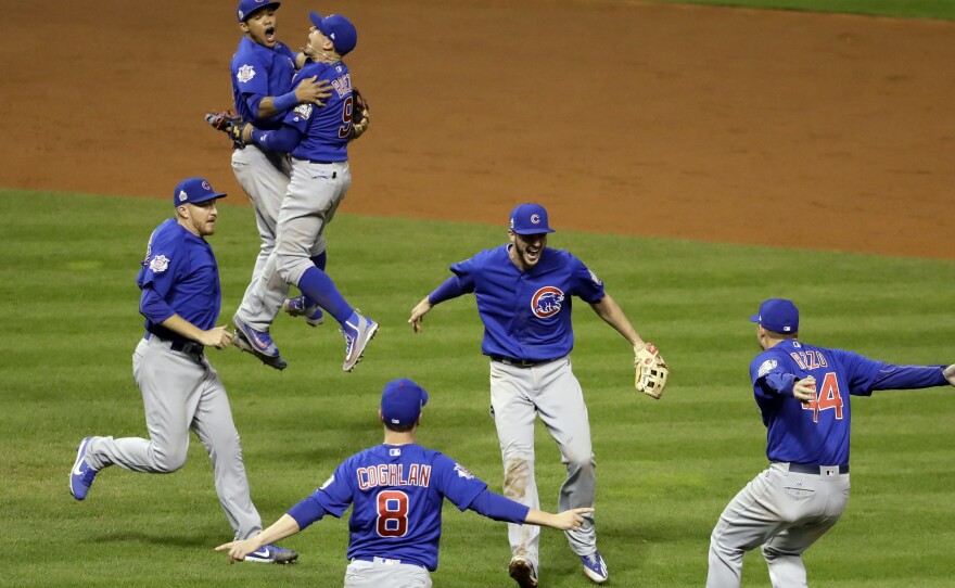 The Chicago Cubs celebrate after Game 7 of the Major League Baseball World Series against the Cleveland Indians.