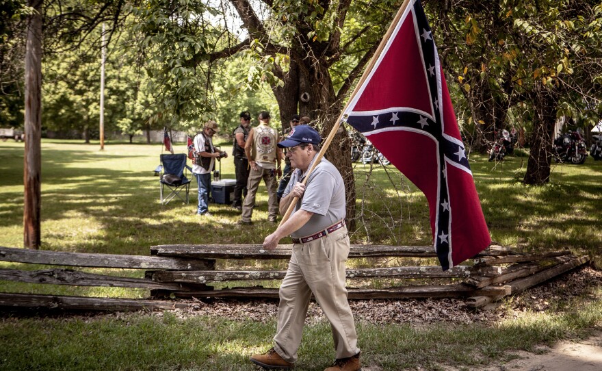 People arrive at Davies Manor Plantation for the event celebrating Forrest, a Confederate general whose ties to Memphis include a successful slave-trading business there.