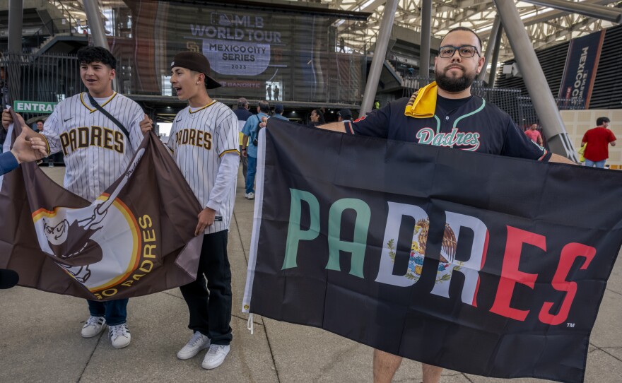 Padres fans from San Diego made the trip to Mexico City Series and are representing with Mexican colors, April 29, 2023.