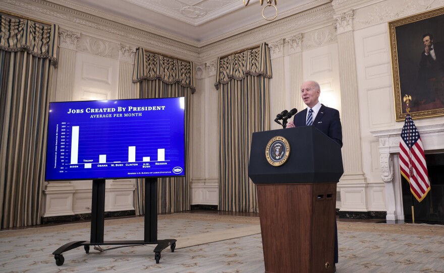 President Biden speaks about the January jobs reports during an event in the State Dining Room on Feb. 4.