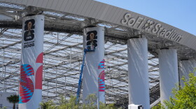 FIFA World Cup 2026 signage is displayed at SoFi Stadium in Inglewood, Calif., on June 1, 2026.