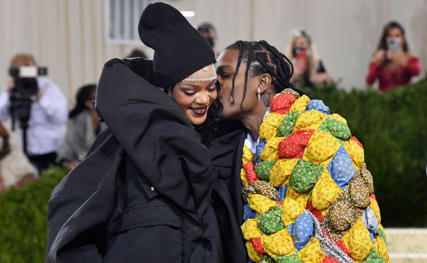 Singer Rihanna and rapper A$AP Rocky arrive fashionably late for the Met Gala.
