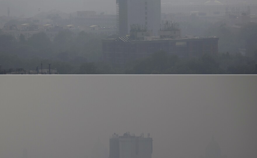 The New Delhi skyline is seen enveloped in smog on Friday (top) when pollution levels were already far above WHO recommendations, and on Monday (bottom) after fireworks for the Diwali festival sharply exacerbated the problem.