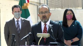 Supervisor Nathan Fletcher, Consul General of Mexico in San Diego Carlos Gonzalez Gutierrez and Supervisor Nora Vargas announcing a partnership to vaccinate 10,000 workers at U.S.-owned border assembly plants in Tijuana, May 25, 2021.