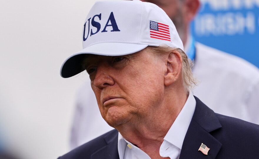 U.S. President Donald Trump attends the Irish Open golf tournament at Trump International Golf Links in Doonbeg, Ireland, Sunday, Sept. 13, 2026.