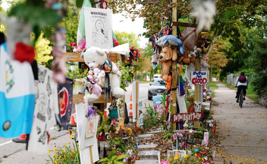 A memorial for Renee Good, who was killed by federal agents in Minneapolis in January, remains in place at the site of her death, Thursday, Oct. 1, 2026, in Minneapolis.
