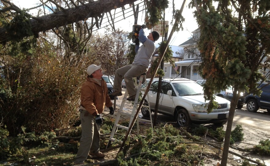 Veterans from around the country have deployed to the Northeast to help after Superstorm Sandy. Jeff Blaney (left) of San Francisco was in the Army and Jamie Havig was a Navy medic attached to the Marines in Iraq.