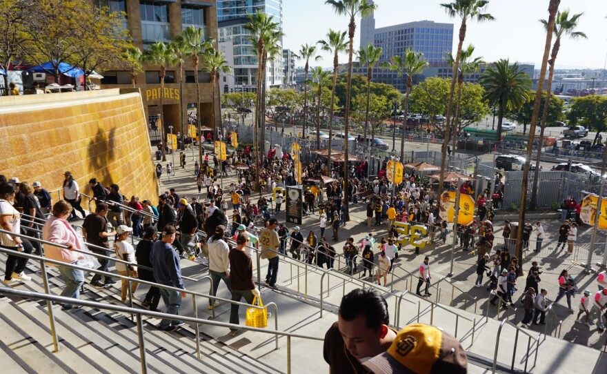 Crowds arrive at Petco Park for the San Diego Padres 2023 Fanfest.