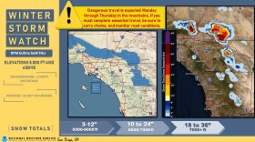 A National Weather Service map showing the forecast snow level for the San Diego region for April 5, 2020, through April 9, 2020.