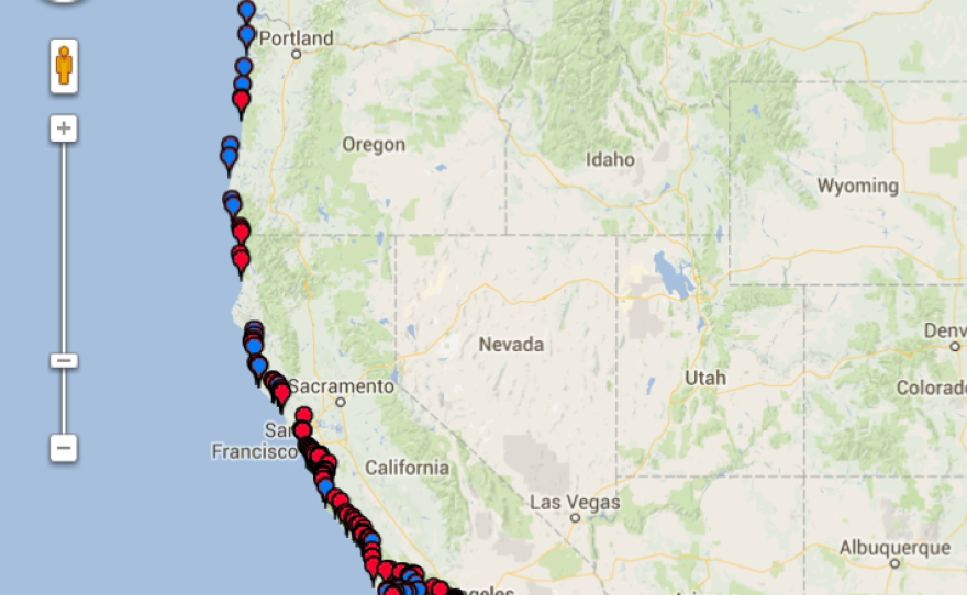 This map includes information from intertidal monitoring surveys as well as information from logs submitted by researchers, divers, and the general public.