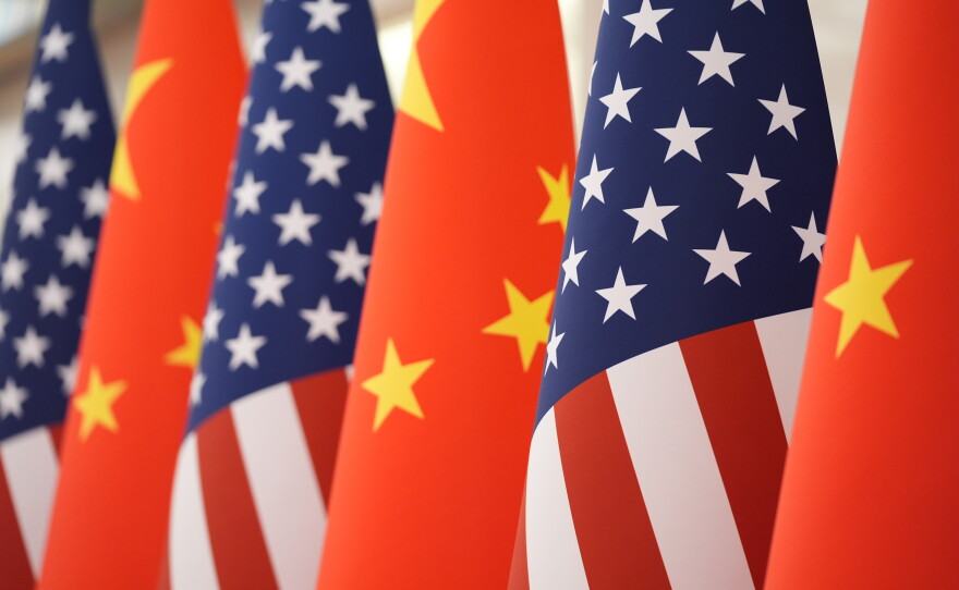 The U.S. and Chinese flag at the Great Hall of the People prior to the state dinner of President Donald Trump and Chinese President Xi Jinping on May 14, 2026, in Beijing.