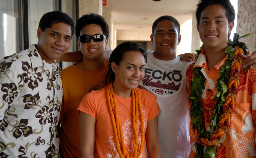 Isaiah, Zach, Ka'ai, Brolin and Max, students featured in the film "One Voice." Every year in Hawai’i, 2,000 high school students compete in the Kamehameha Schools Song Contest, in which young leaders direct their peers in singing Hawaiian music in four-part harmony.