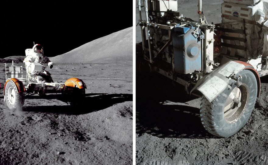 Apollo 17 mission commander Eugene A. Cernan makes a short checkout of the Lunar Roving Vehicle (shown in close-up at right) during the early part of the first Apollo 17 extravehicular activity at the Taurus-Littrow landing site in 1972.