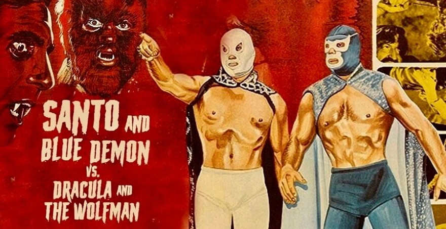 Poster art for the film "Santo And Blue Demon Vs Dracula and The Wolf Man" from 1973. Mexican wrestlers such as El Santo and Blue Demon became popular movies stars outside the ring. (1973)