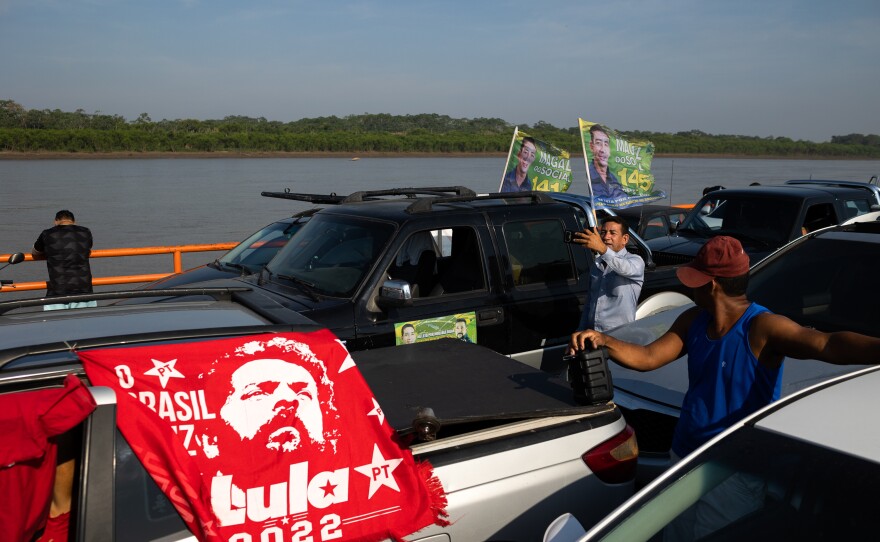 A campaign flag for presidential candidate Luiz Inácio Lula da Silva on a car on the ferry crossing the Amazon River from Manaus to highway BR-319 on Sept. 24.
