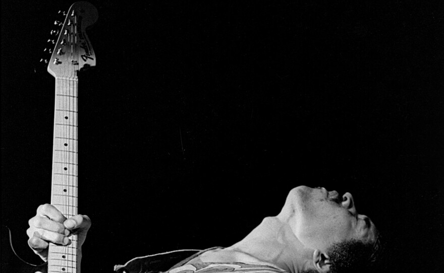 Jimi Hendrix performing at the Atlanta International Pop Festival. July 4, 1970.