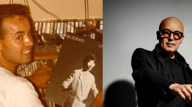From left to right: In this photo taken in 1983, young Ramón Amezcua, better known as Bostich from Nortec Collective, is pictured at his house, showing tape recordings from radio stations from San Diego and Tijuana and one of his favorite records, “Big Science” by Laurie Anderson. And in this photo taken in 2021,  Amezcua is shown in a photo promoting his new album “MX1202”. 
