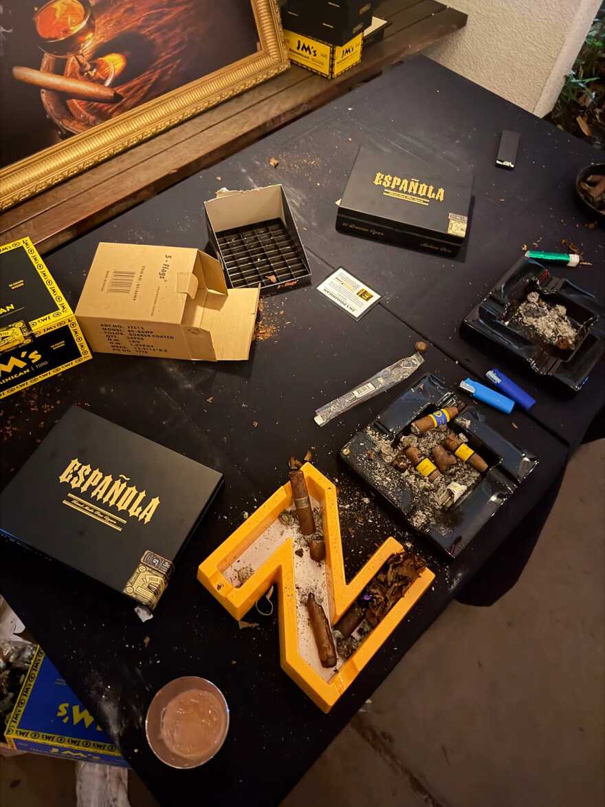 Various cigars, ashtrays and bottles of alcohol on tables at the Back to Session Bash hosted by the California Tribal Business Alliance at Cafeteria 15L on 15th Street in Sacramento, on Jan. 15, 2026.