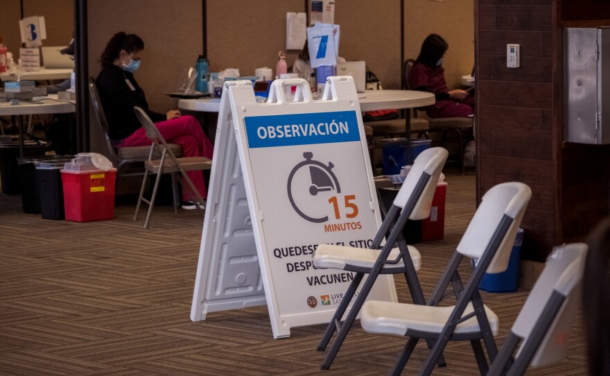 The main hall at the Jacobs Center in San Diego's Lincoln Park neighborhood has staff at the ready to give either the Modera, Pfizer or Janson vaccines.