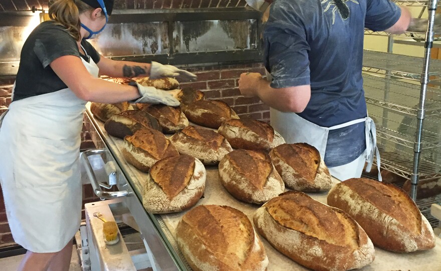 Blair Marvin working with the head baker at Elmore Mountain Bread.