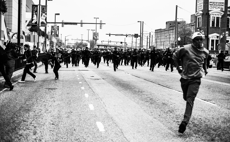 A 2015 protest in downtown Baltimore, Md., over the death of Freddie Gray in Baltimore police custody.
