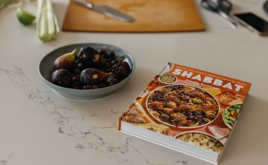 Adeena Sussman's cookbook, <em>Shabbat</em>, on her kitchen counter in Tel Aviv, Israel.