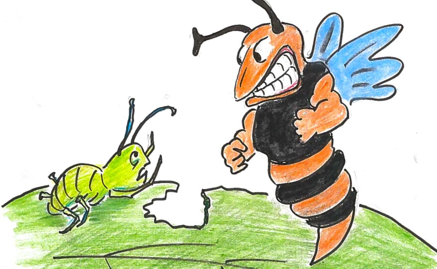 Illustration of a cartoon aphid on a bean plant leaf looking scared at a cartoon wasp's arrival