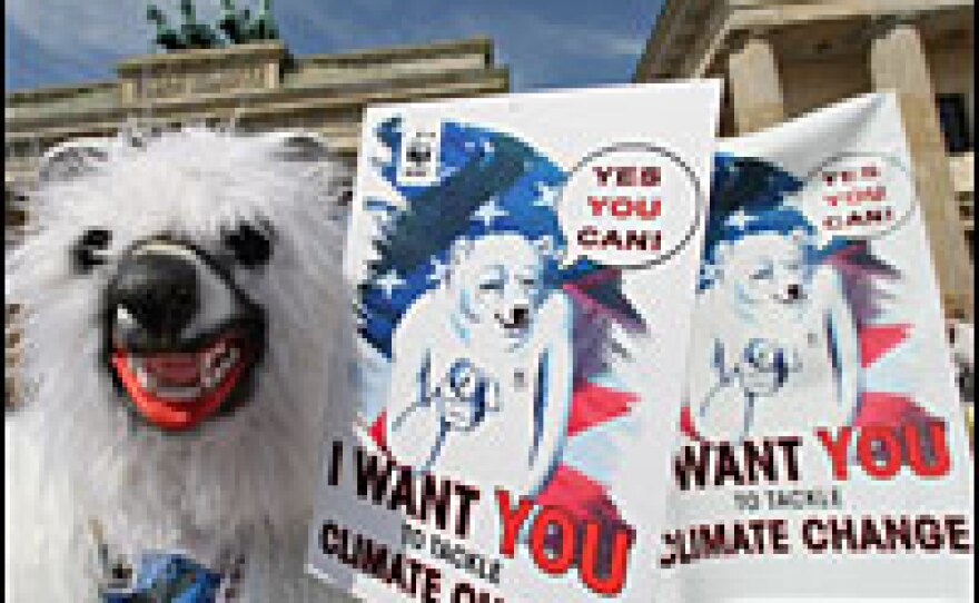 Environmentalists in Berlin demonstrate in favor of climate protection during a visit by Barack Obama in July.  Europeans are pressing the president-elect to agree to ambitious targets for reducing carbon emissions.