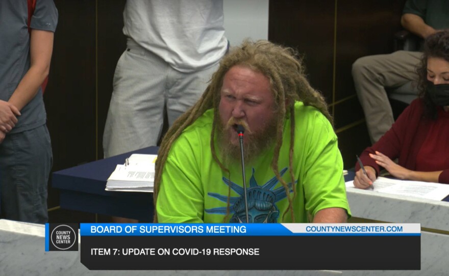 Matt Baker makes a public comment at the San Diego County Board of Supervisors' meeting in San Diego County, Calif. Aug. 18, 2021.