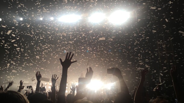 Confetti falls on fans at a concert at the Observatory North Park on April 19, 2018.