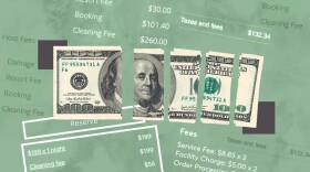 A photo illustration of a $100 bill cut up into several pieces on top of receipts showing services fee amounts.