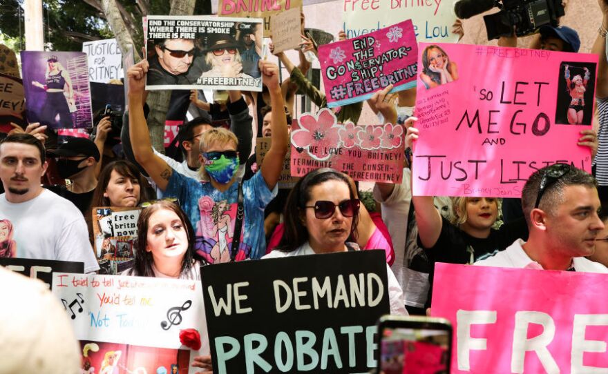 #FreeBritney activists protest outside a conservatorship hearing for pop singer Britney Spears on June 23 in Los Angeles.