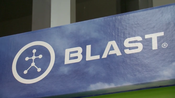 Blast Motion's logo shown on a display case at the company's Carlsbad facility, June 1, 2016.