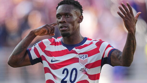 United States' Folarin Balogun (20) reacts after scoring his team's first goal during the World Cup round of 32 soccer match between the United States and Bosnia-Herzegovina in Santa Clara, Calif., near San Francisco, on Wednesday.
