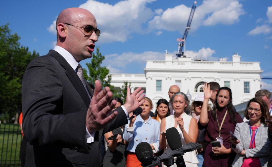 Stephen Miller, White House deputy chief of staff for policy, speaks with reports at the White House, Thursday, June 25, 2026, in Washington.