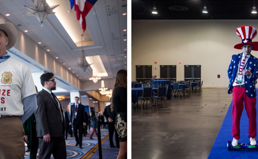 (Left) Howard "Cowboy" Wooldridge, a retired detective who was promoting drug legalization. (Right) Joshua Platillero 23, from the Leadership Institute, rides a hoverboard through the Exhibitor Hub.