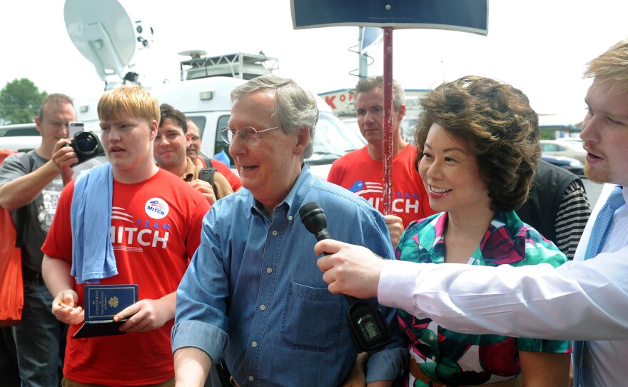 U.S. Sen. Mitch McConnell (R-Ky.) greets supporters during the 133rd Annual Fancy Farm Picnic in Fancy Farm, Ky., Saturday, Aug. 3, 2013.