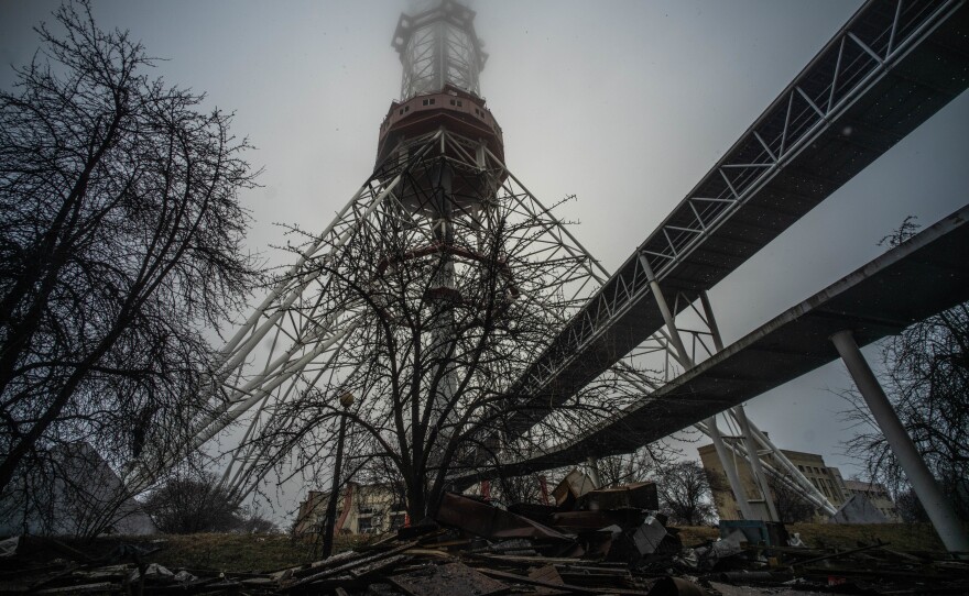 Debris and rubble after Russia strikes targeted the TV tower in Kyiv, capital city of Ukraine, on Thursday, March 3, 2022. It comes after Russia said it would strike communications infrastructure in the capital to stop information attacks.