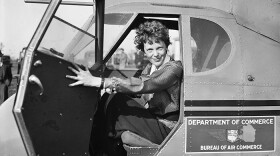 Amelia Earhart in airplane, circa 1936.