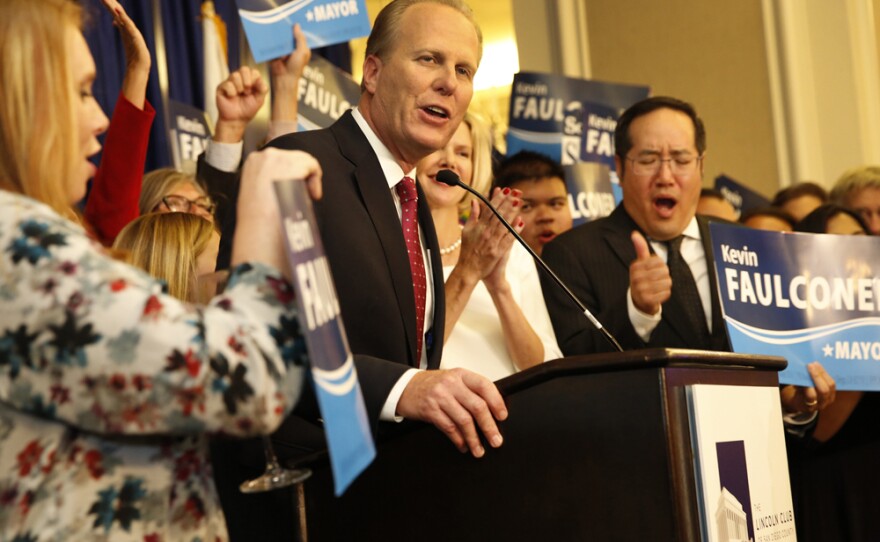 San Diego Mayor Kevin Faulconer speaks to his supporters at the U.S. Grant Hotel, June 7, 2016.