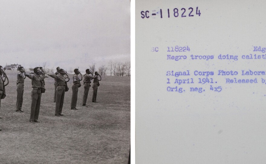 Segregated troops practice movement in protective gear at Edgewood Arsenal in Maryland in the early 1940s.