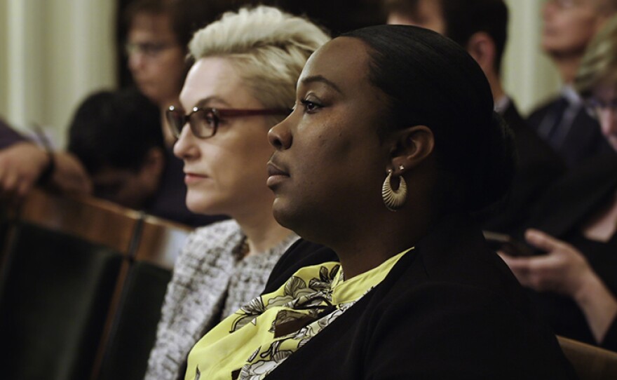 Previously incarcerated activist Kelli Dillon and Cynthia Chandler from Justice Now at hearing.